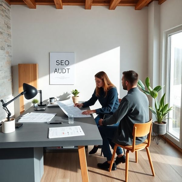 Dva sodelavca pregledujeta natisnjeno SEO poročilo v studiu